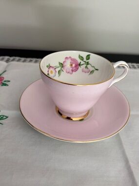 Vintage Royal Stafford England Pink Bone China Floral Tea Cup Saucer Gold Trim